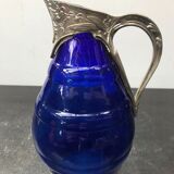 Former pitcher carafe art de blue moulded glass - vintage metal anse