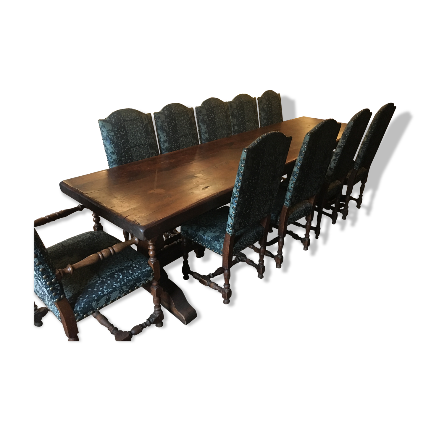 Monastery table - 9 chairs and 2 Louis XIII oak armchairs.