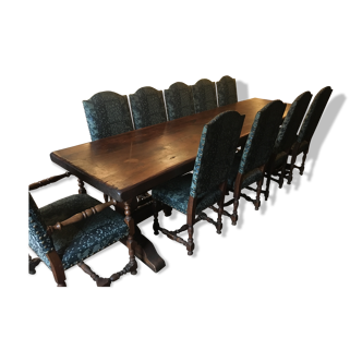 Monastery table - 9 chairs and 2 Louis XIII oak armchairs.