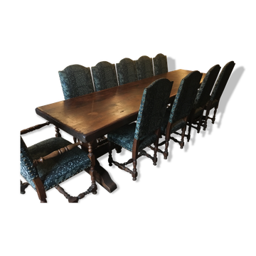 Monastery table - 9 chairs and 2 Louis XIII oak armchairs.