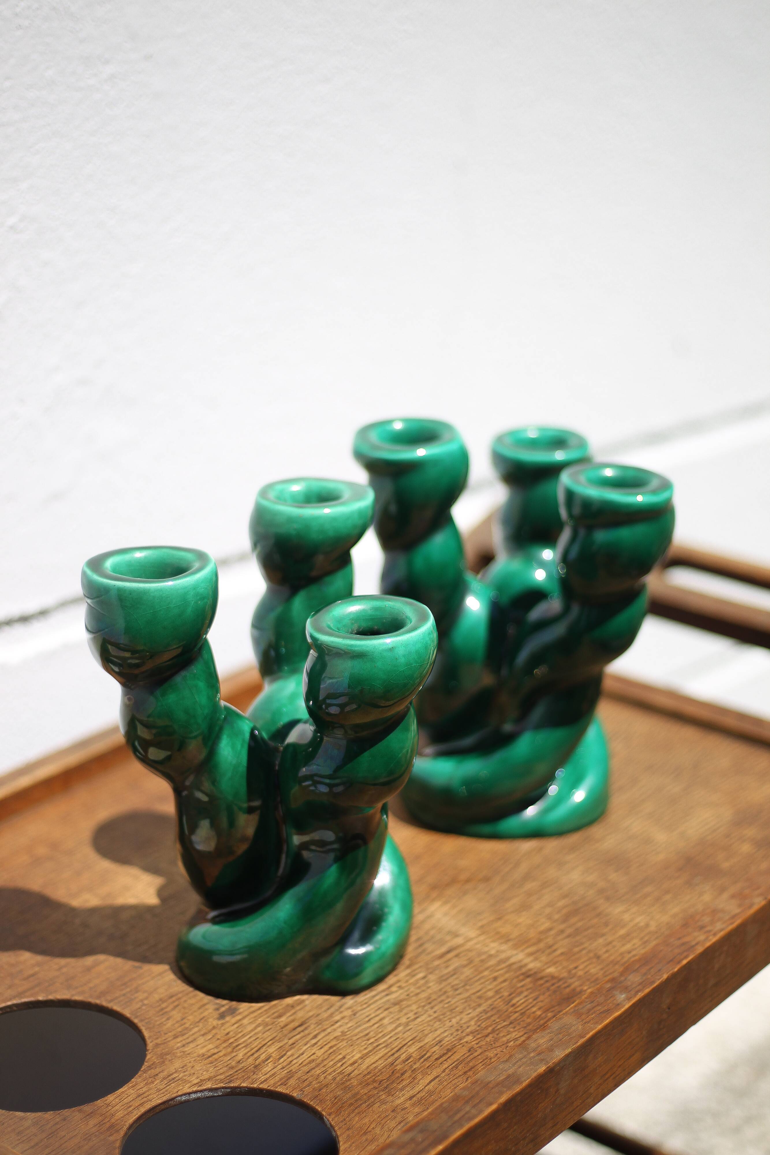 Pair of twisted green ceramic candlesticks, 3-branched candlestick, Vallauris style emerald candelabra