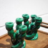 Pair of twisted green ceramic candlesticks, 3-branched candlestick, Vallauris style emerald candelabra