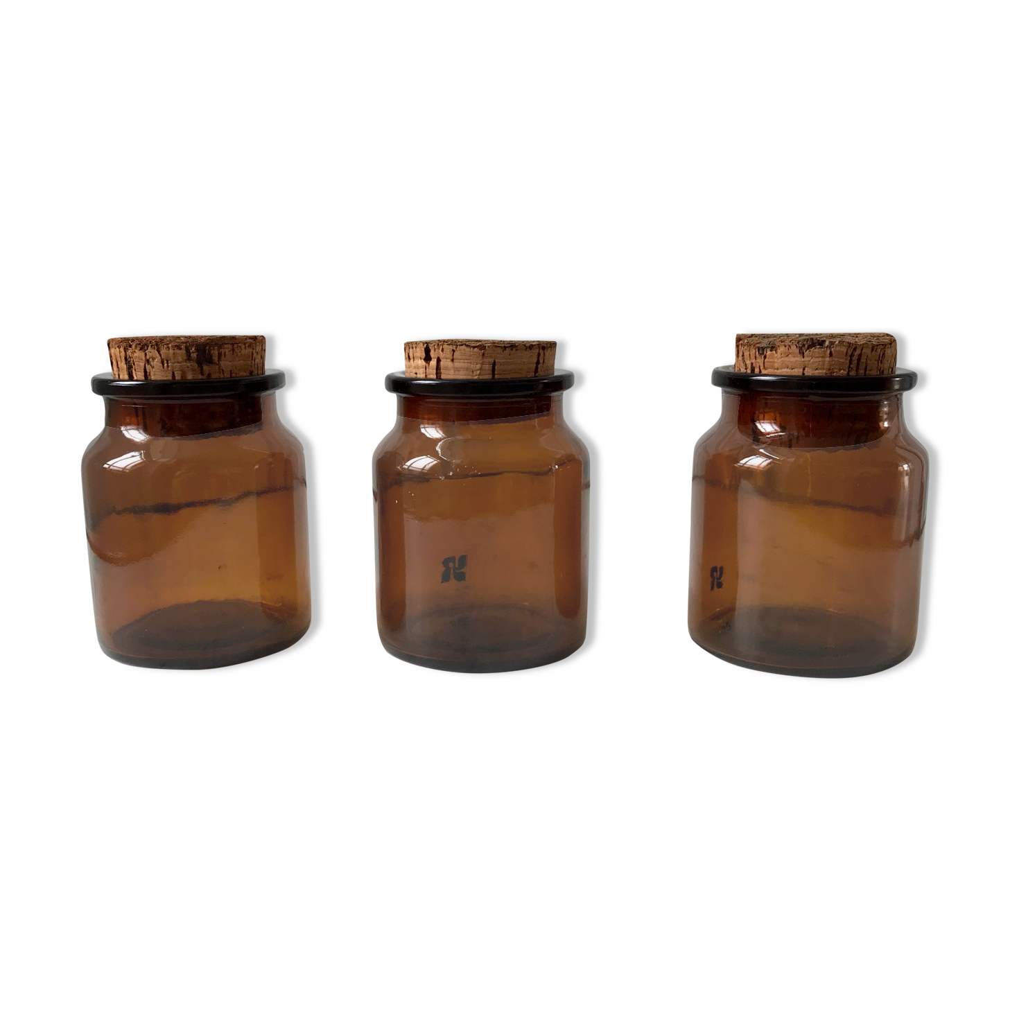 Trio de pots apothicaires ambrés années 70