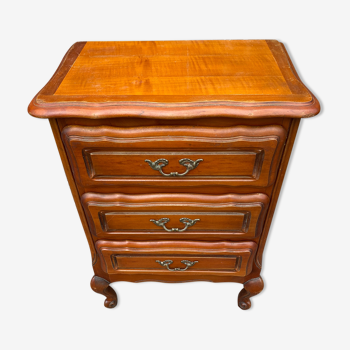 Small modern Louis XV style chest of drawers in solid stained beech, wooden top, 3 drawers with handle