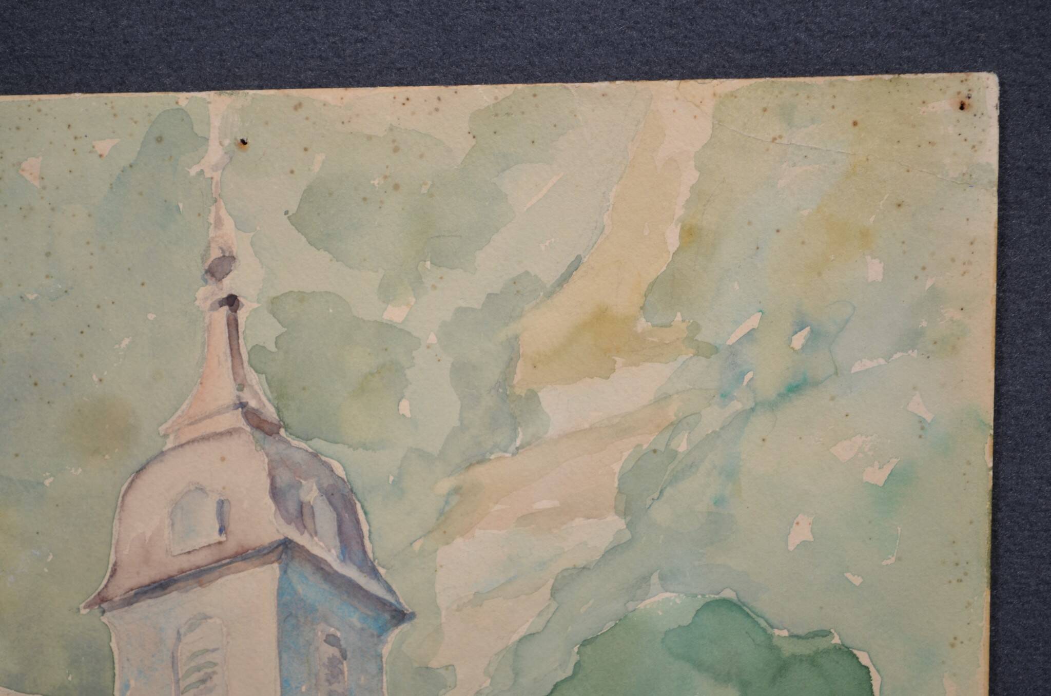 French school 20th century "the village church" watercolor, dated 1944