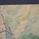 Ecole française XXème siècle "l'église du village" aquarelle, datée 1944