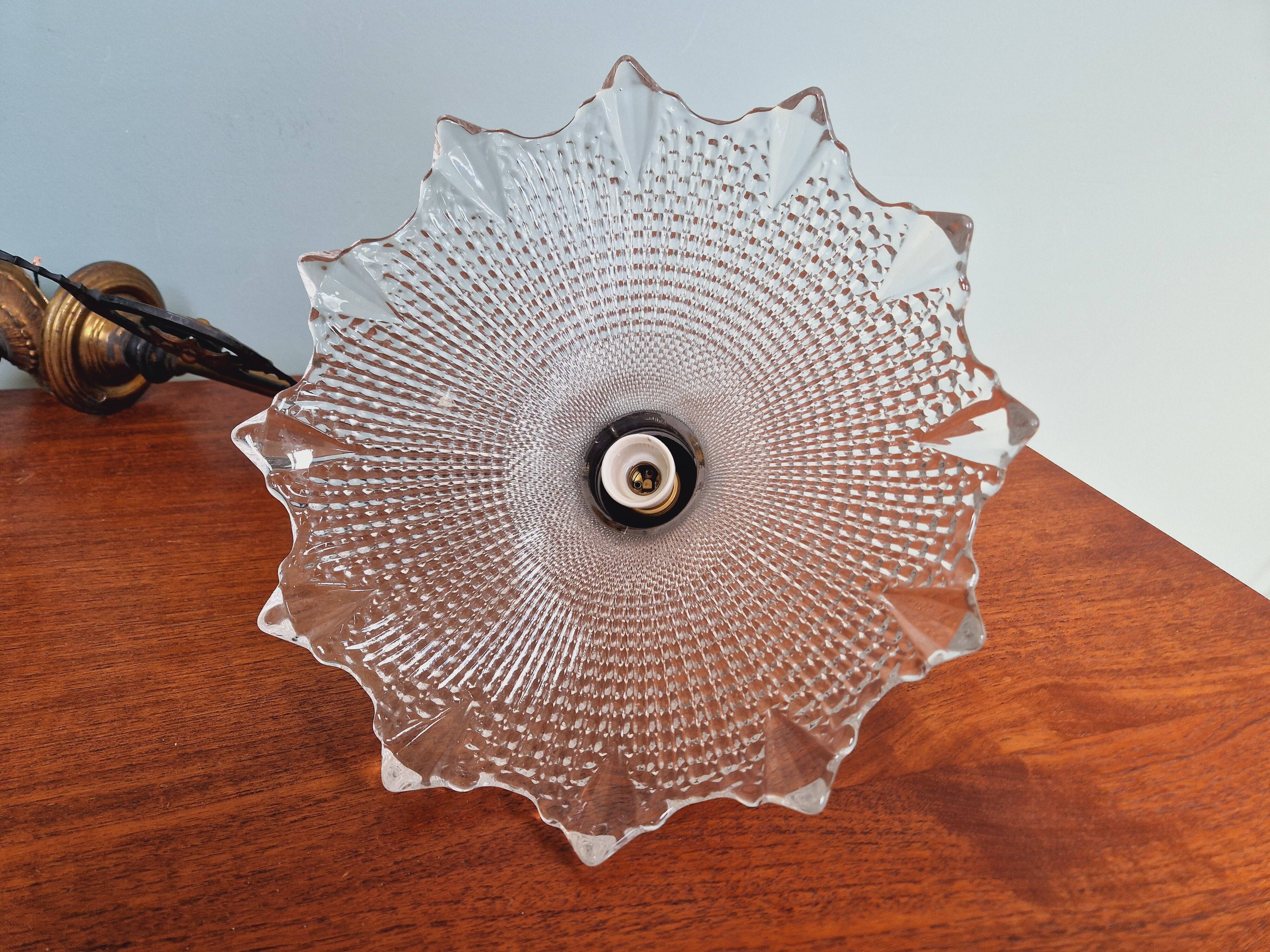 Pair of pendant lights in bronze and scalloped transparent glass