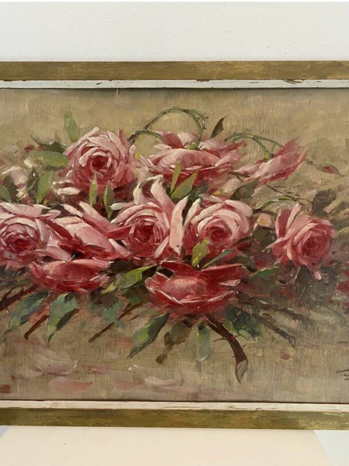 Oil painting on panel of a bouquet of roses signed by Paul Fauvelles 1943.