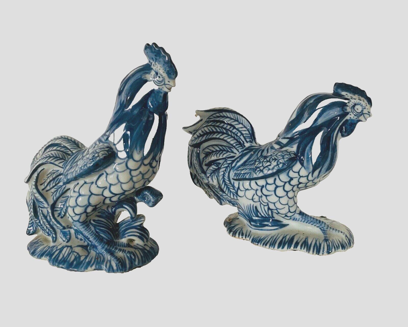 Pair of ceramic roosters in blue camaieu 20th century