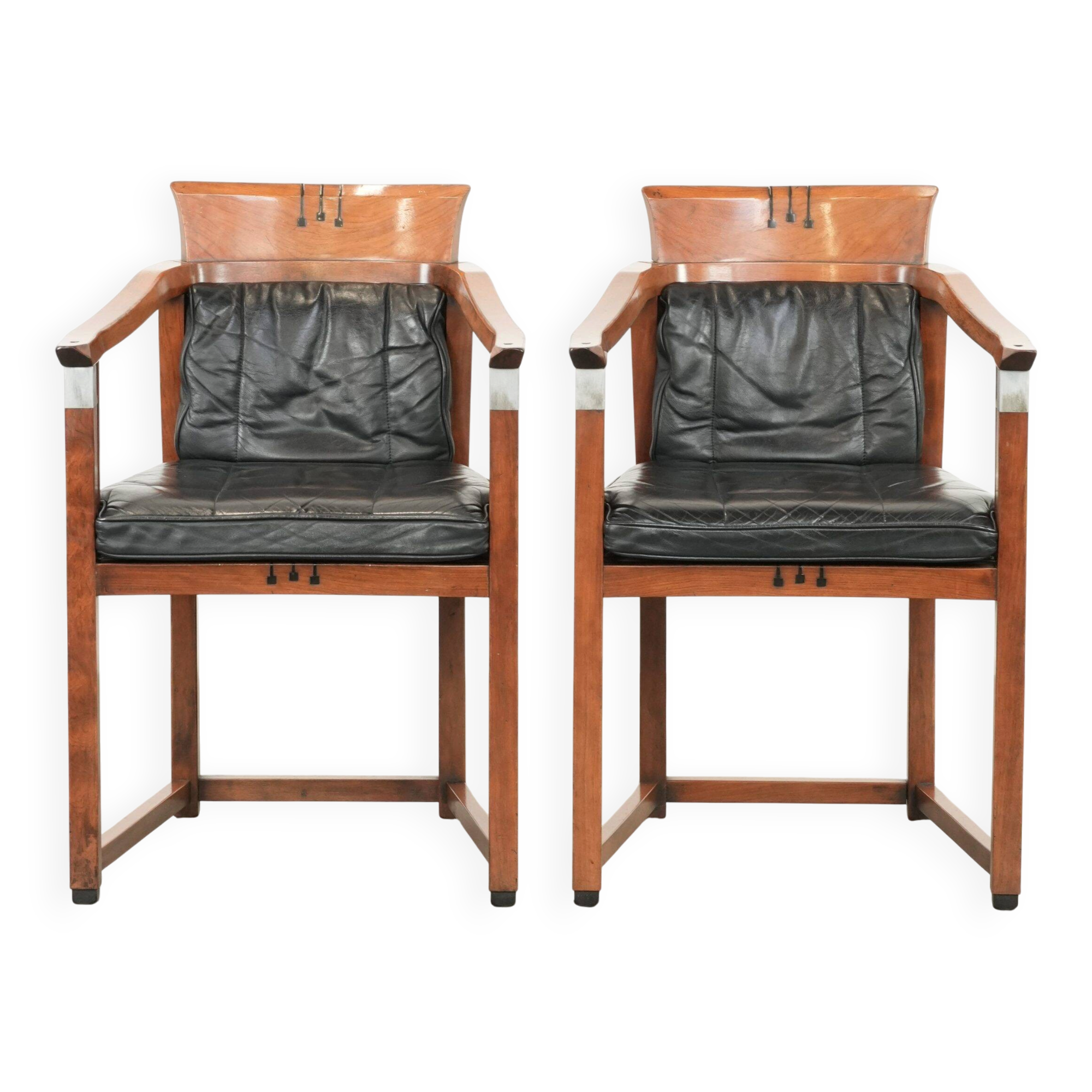 Black leather set of 2 Art Deco design dining/side chairs with armrests