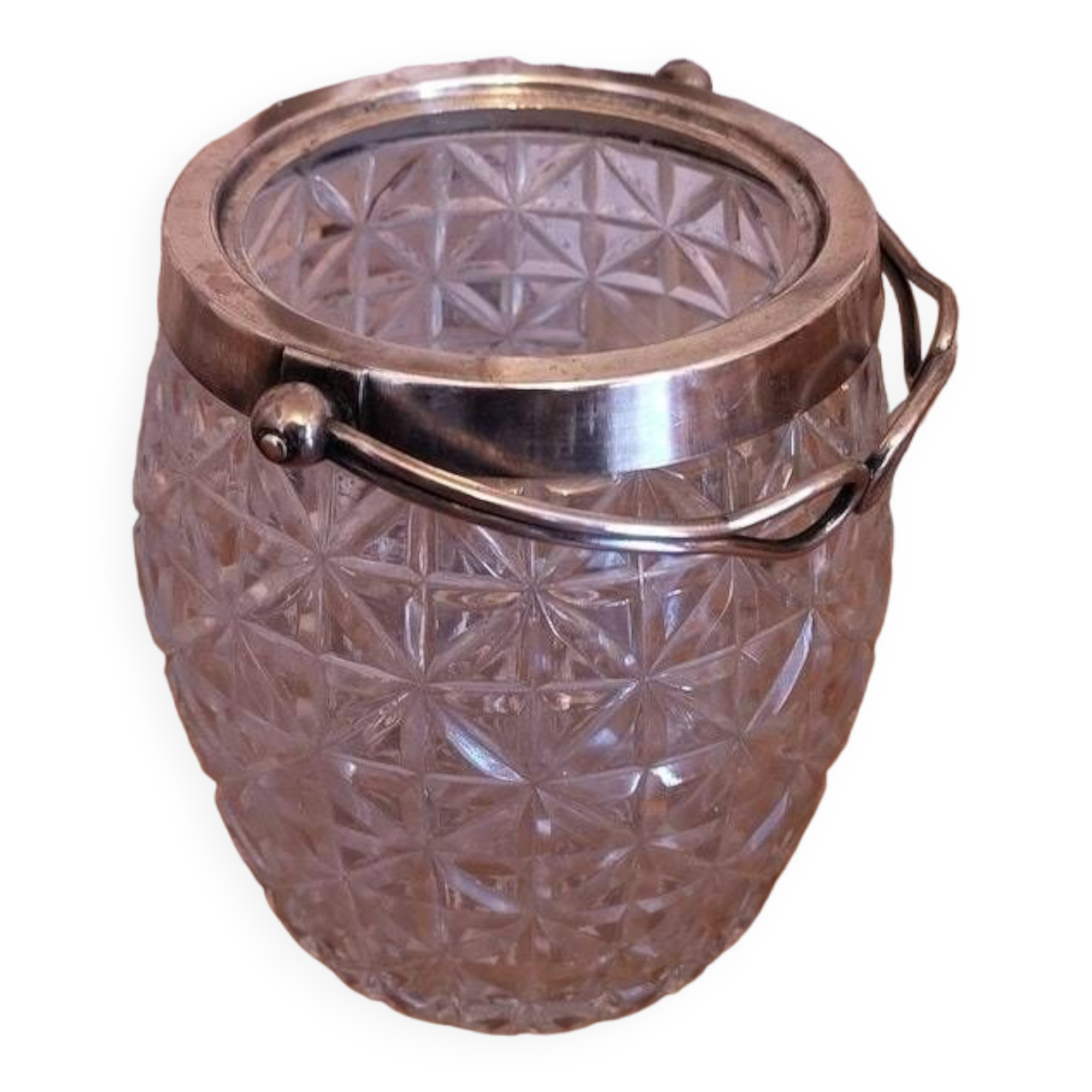 Vintage French barrel-style cut glass ice bucket, decorative metal handle 4506