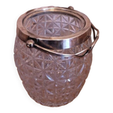 Vintage French barrel-style cut glass ice bucket, decorative metal handle 4506