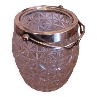Vintage French Barrel Style Cut Glass Ice Bucket, Decorative Metal Handle 4506