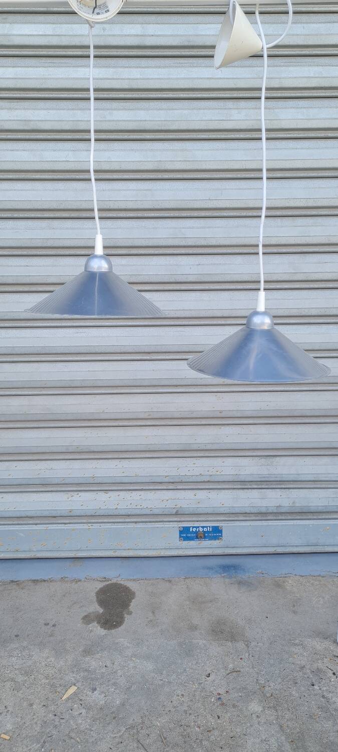 Pair of brushed aluminum pendant lights