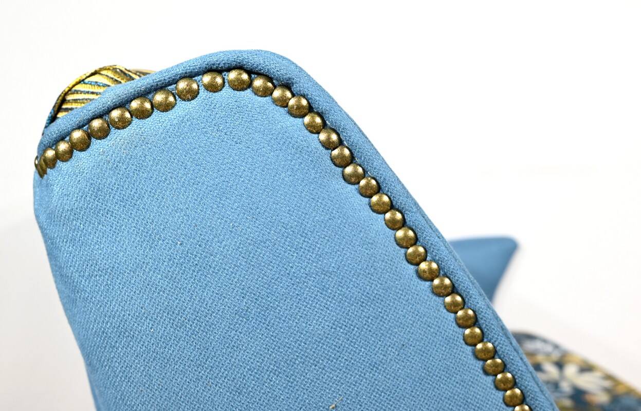 2-Seater Bench in Azure Blue Fabric – 1940s