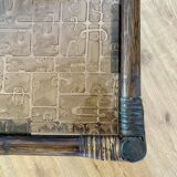 Side Table Bamboo Rattan Smoked Glass 1970s, Table Basse Rotin Verre Fumé