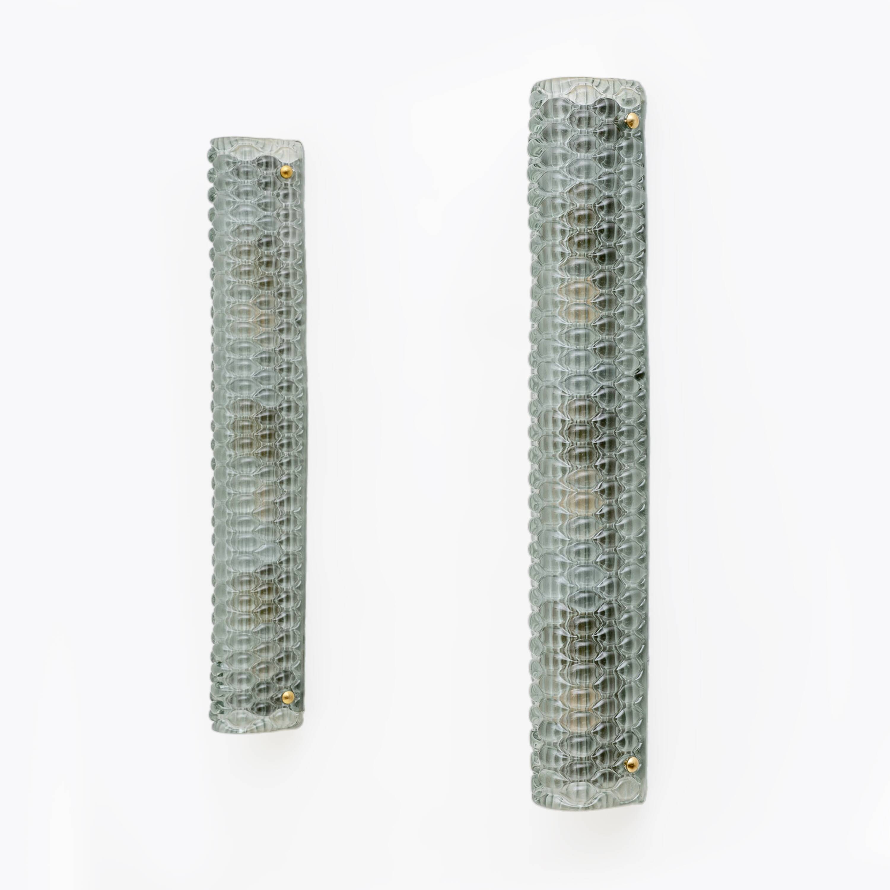 Pair of Modern Italian Brass and Murano Glass Textured Light Green Wall Sconce