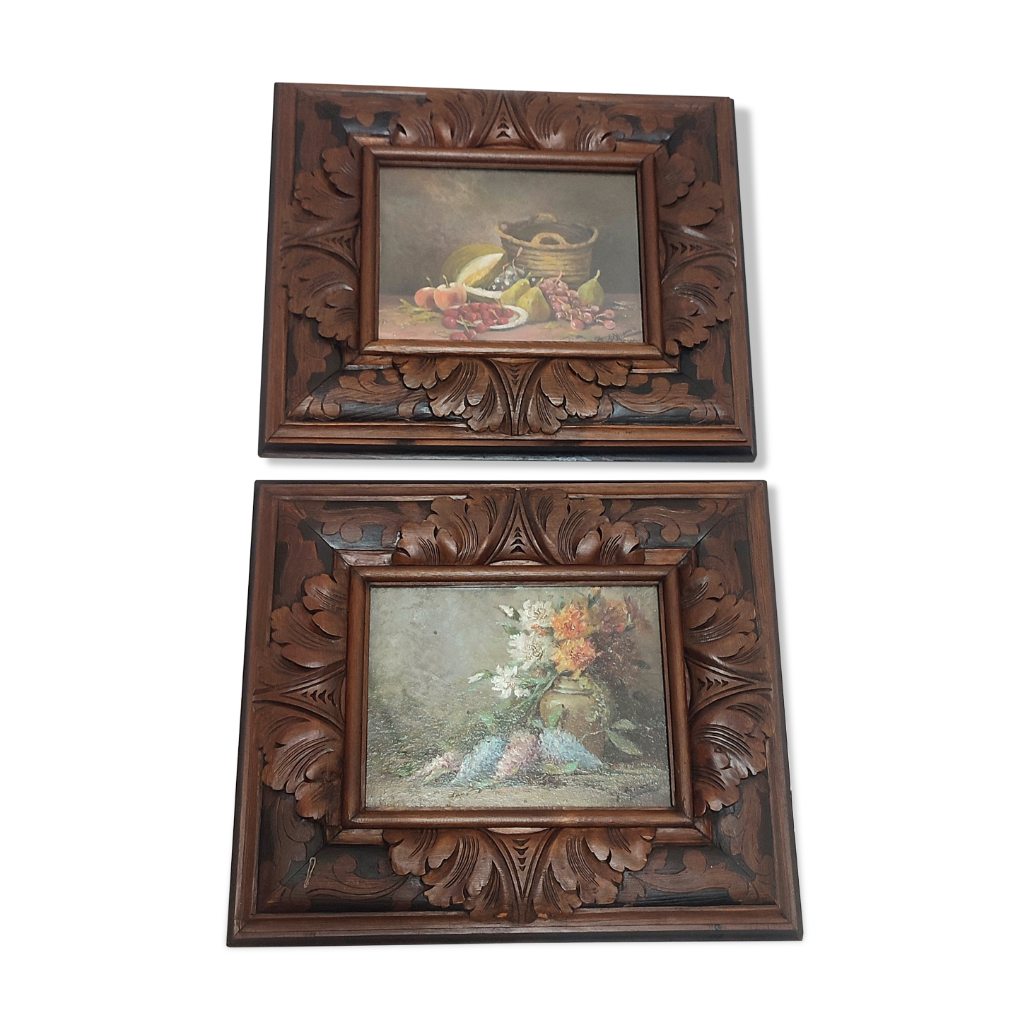 Pair of oils on cardboard with carved wooden frame. Spain 1950s.