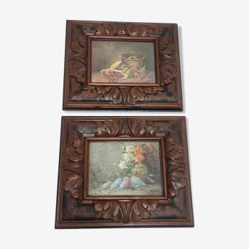 Pair of oils on cardboard with carved wooden frame. Spain 1950s.