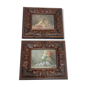 Pair of oils on cardboard with carved wooden frame. Spain 1950s.