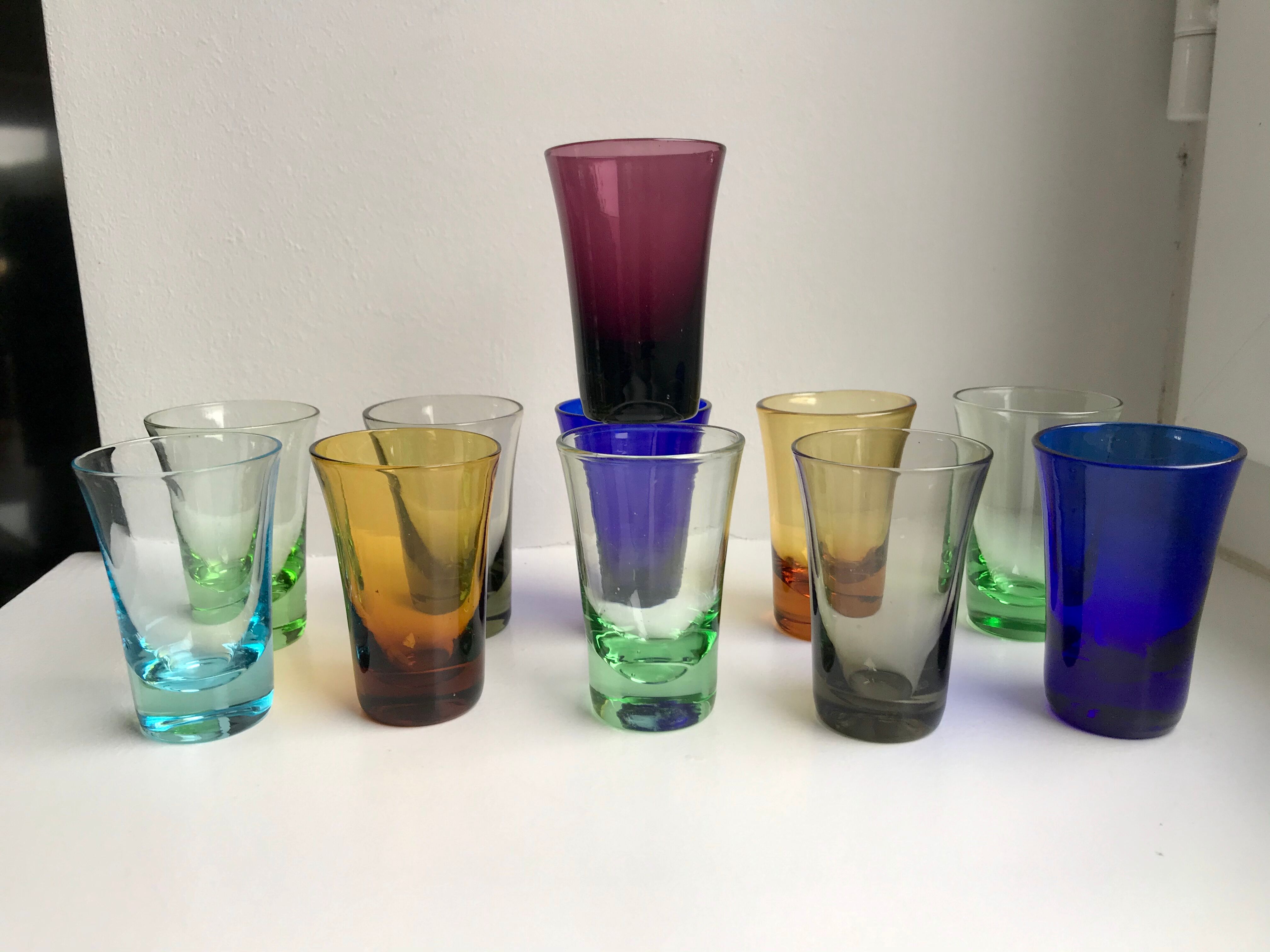 Set of 11 colored glass shot glasses 70s
