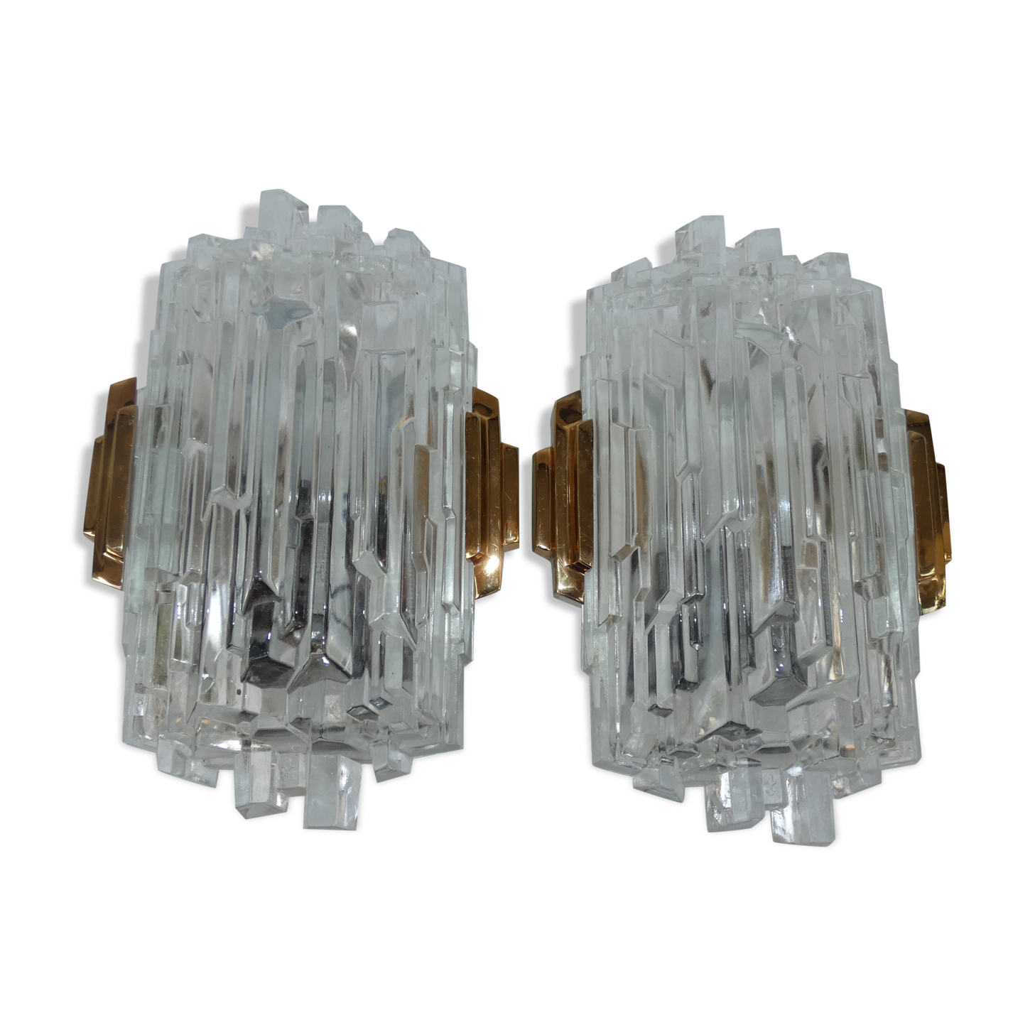 Pair of Wall Sconces Hillebrand Brass Glass Ice Cube Skycraper circa 1970