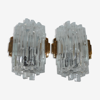 Pair of Wall Sconces Hillebrand Brass Glass Ice Cube Skycraper circa 1970