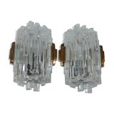 Pair of Wall Sconces Hillebrand Brass Glass Ice Cube Skycraper circa 1970