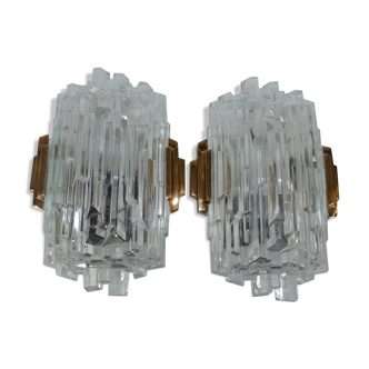 Pair of Wall Sconces Hillebrand Brass Glass Ice Cube Skycraper circa 1970