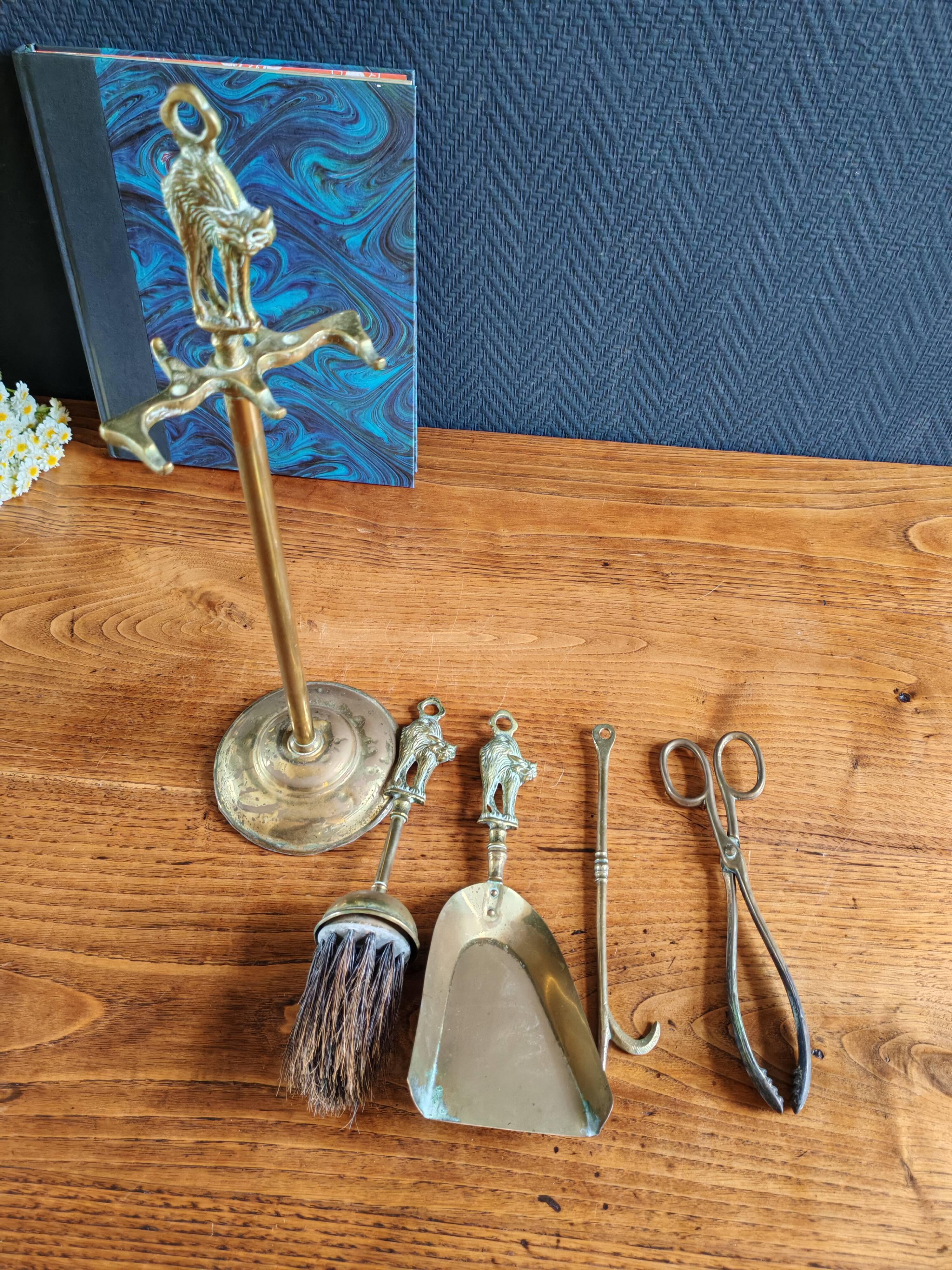 Vintage Brass Fireplace Tools Cat Decor