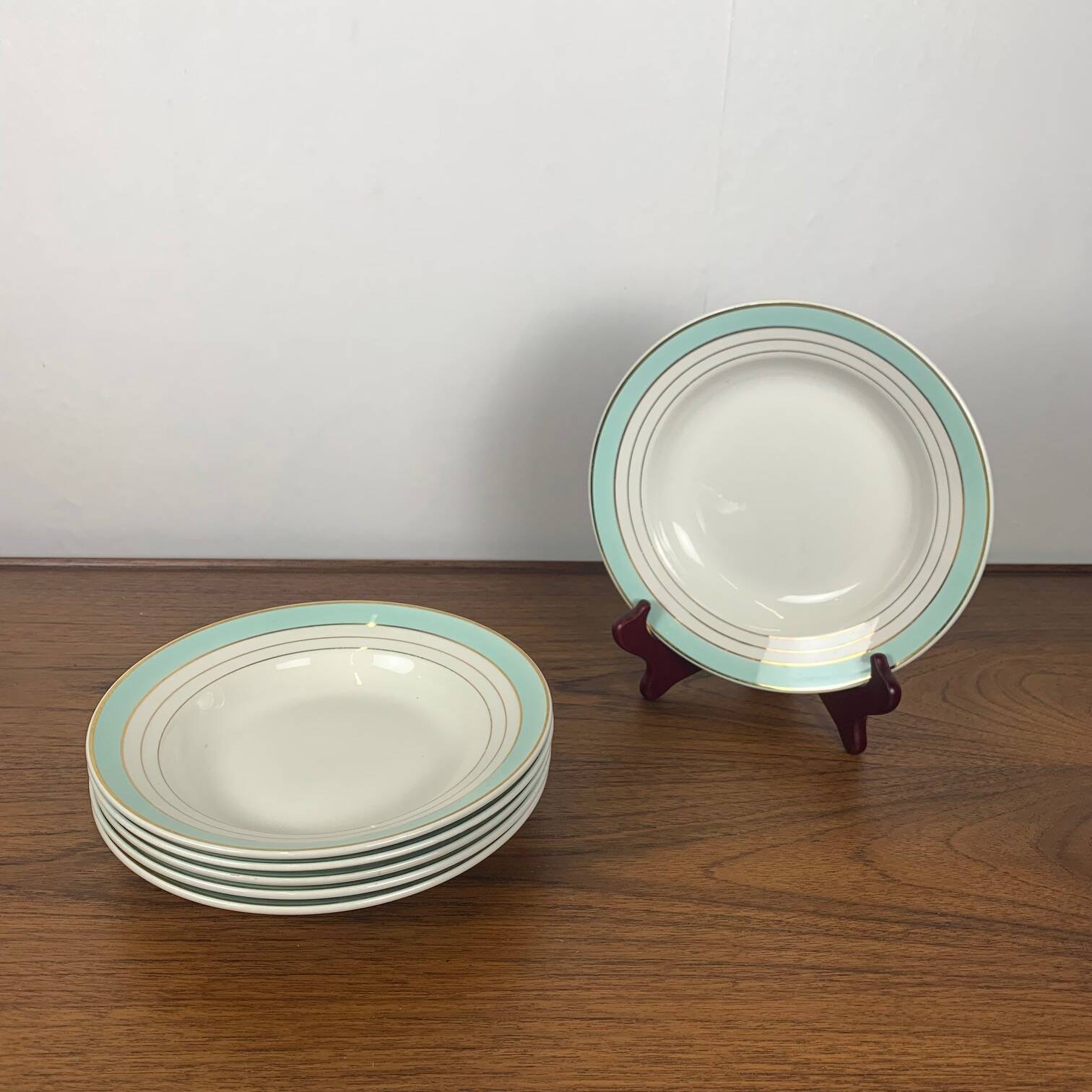 Set of 6 Lunéville soup plates, "Régence" model, water green and 4 lines