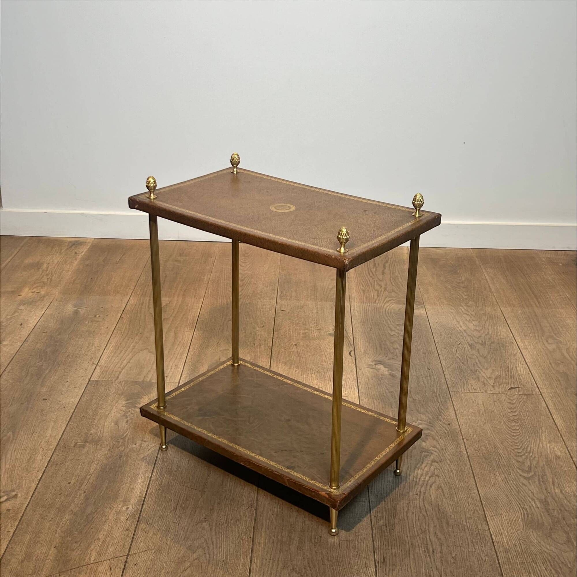 Double Tray Leather Sofa Table in Golden Tawny with Small Iron Details. Brass
