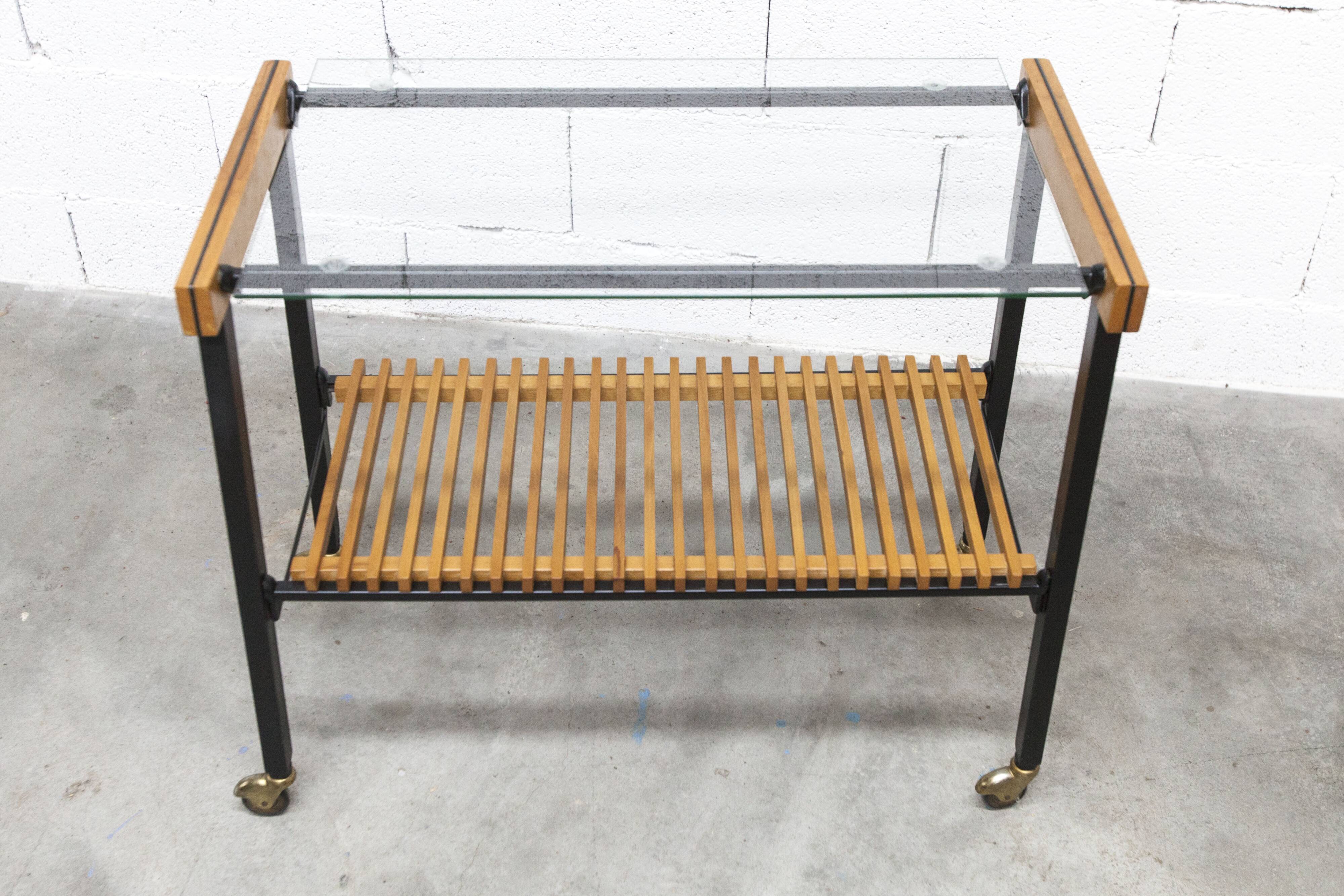 1960s serving cart, hi-fi cabinet on casters, teak, black metal, glass