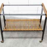 1960s serving cart, hi-fi cabinet on casters, teak, black metal, glass