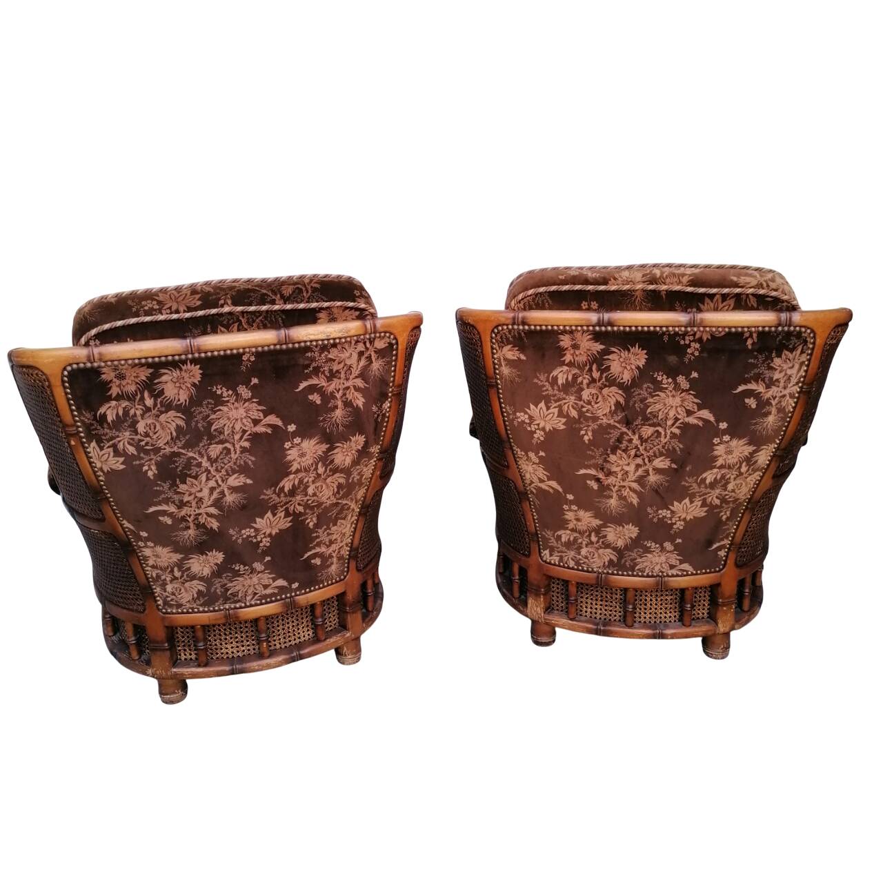 Poltrone bergère italiane in velluto e paglia di Vienna, anni '70, set di 2