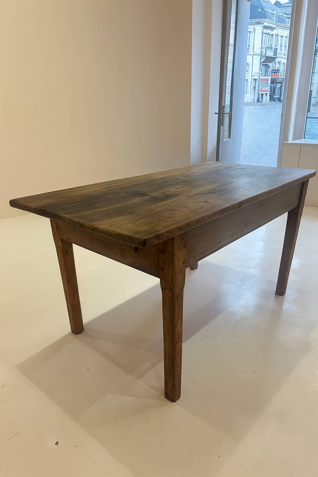Compact rare rustic vintage solid wood farmhouse dining table.