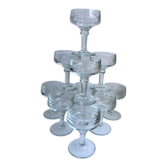 Set of 10 glasses with molded glass bar legs in 70s