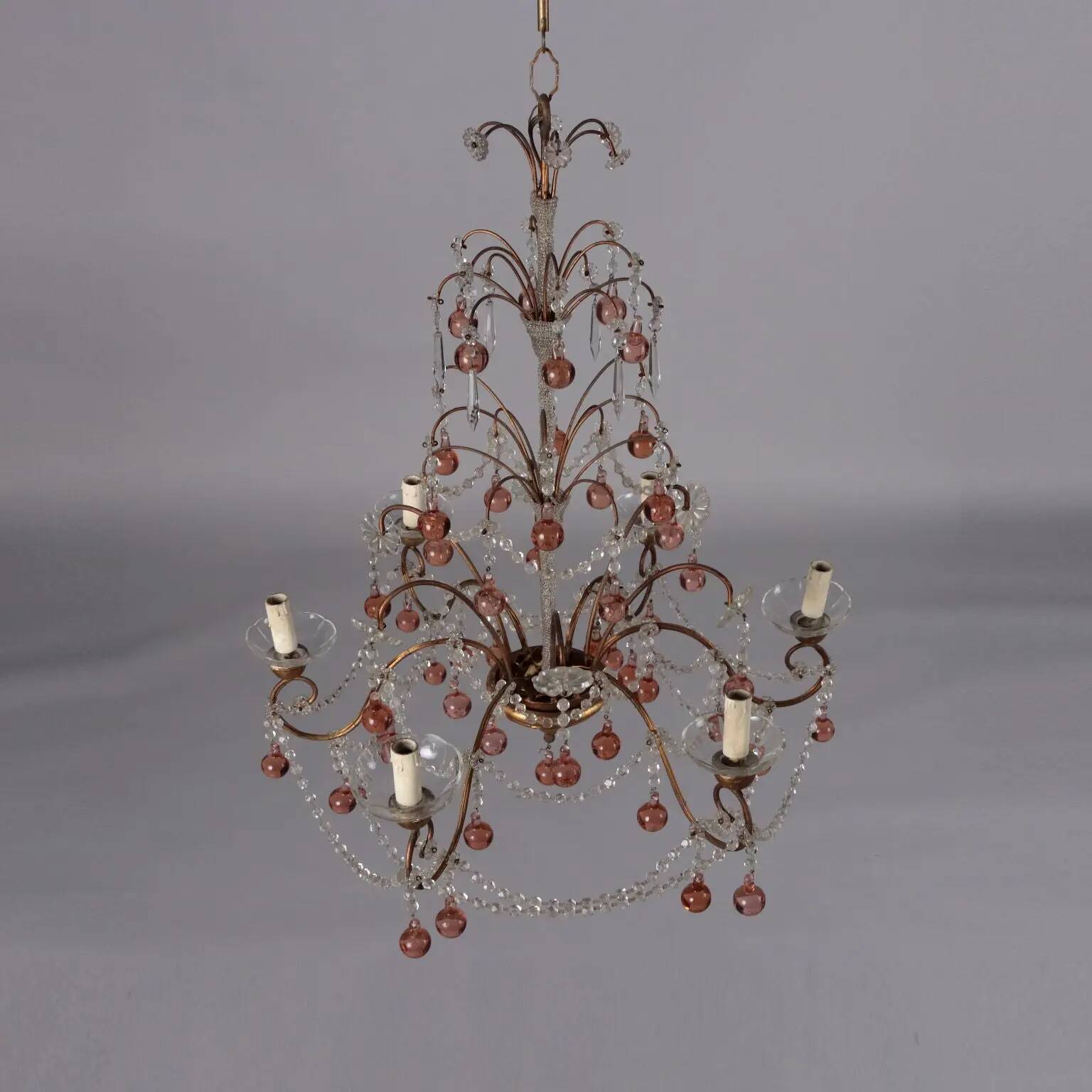 Lustre ancien 6 lumières en métal et verre, Italie, XXe siècle
