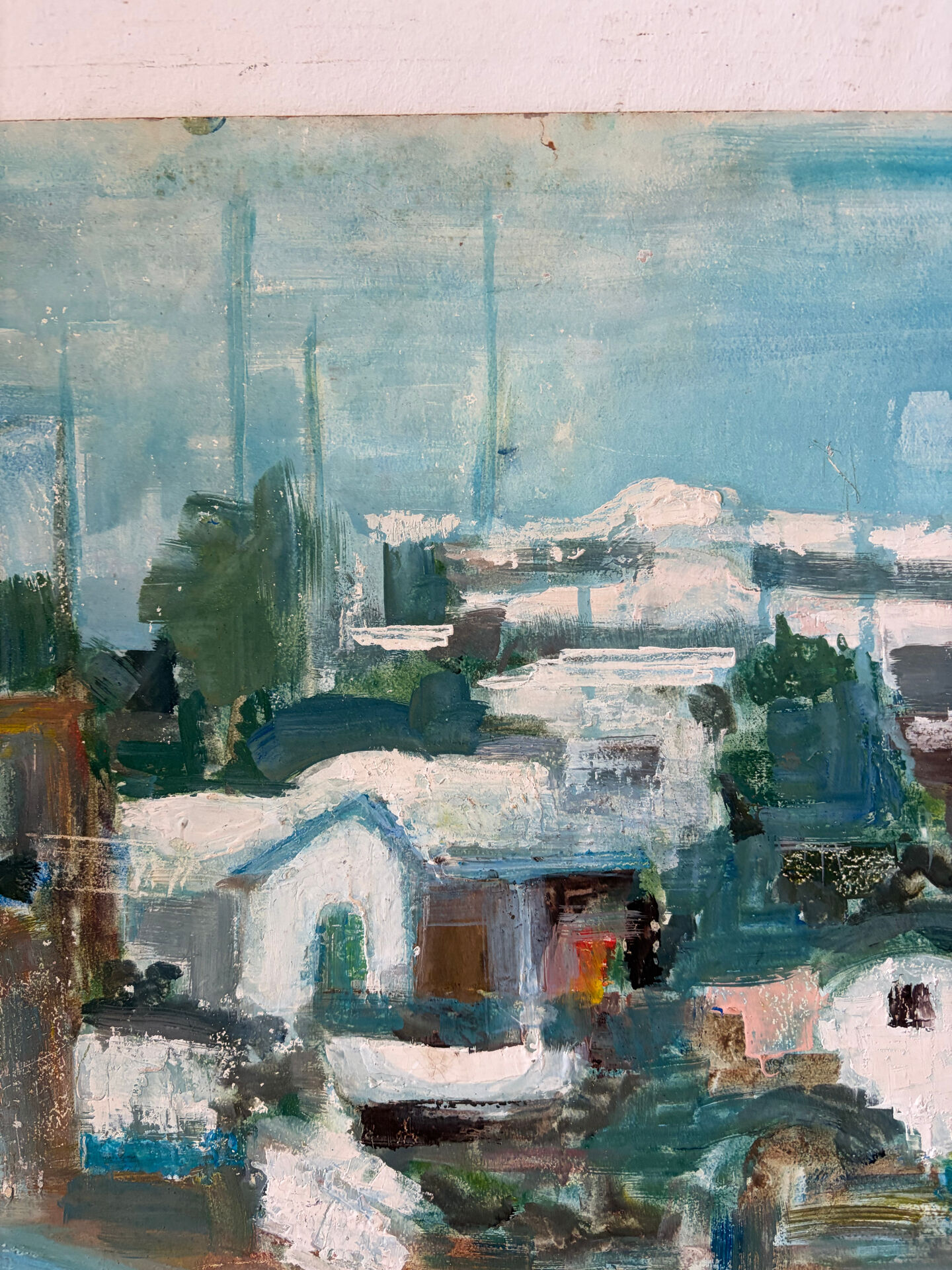 Village by the water, oil on panel signed Morabia.