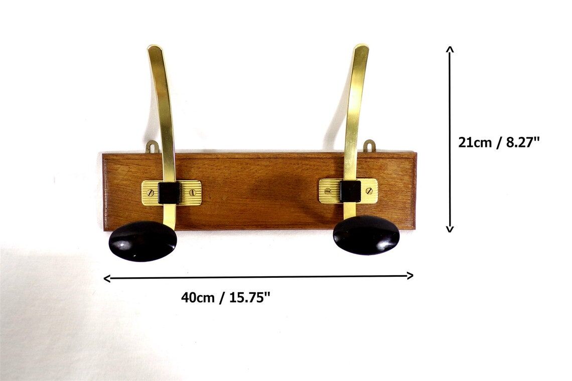 Vintage hook coat rack in gilded metal and vintage wood France