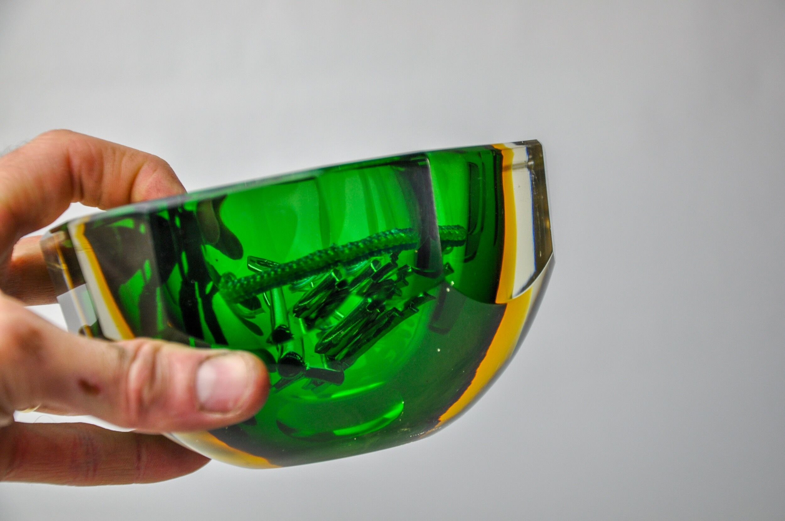 Vide poche sommerso vert et jaune par seguso, verre de murano, italie, 1970