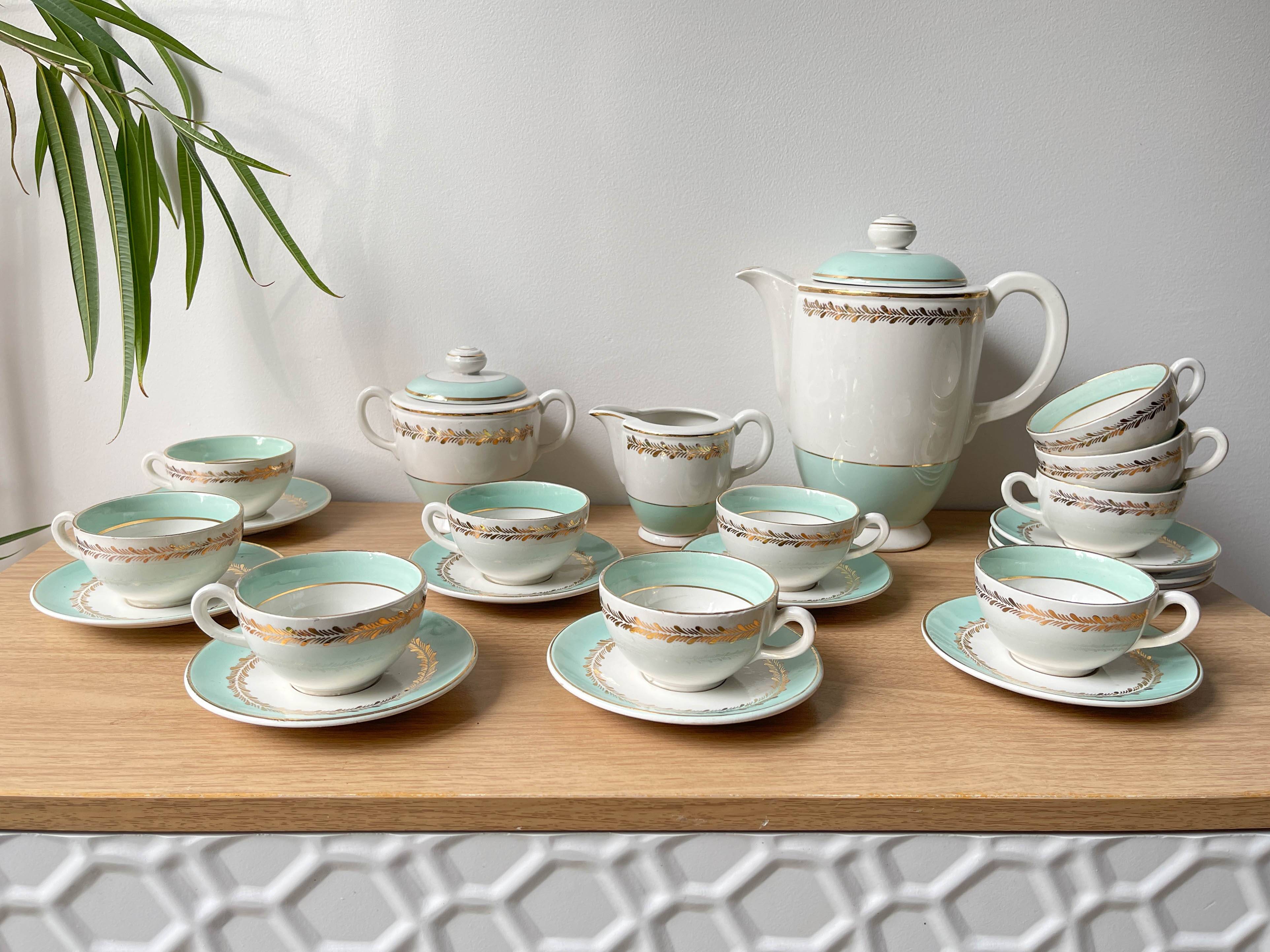 Vintage tea/coffee service in white green gold porcelain LUNEVILLE made in France