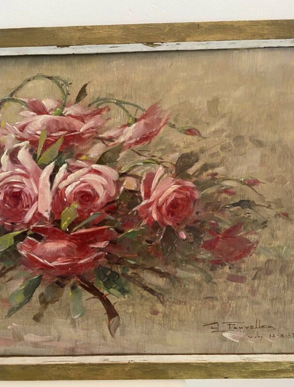 Oil painting on panel of a bouquet of roses signed by Paul Fauvelles 1943.