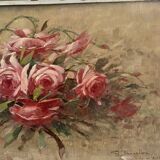 Oil painting on panel of a bouquet of roses signed by Paul Fauvelles 1943.