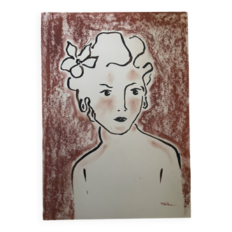 Large painting in Indian ink and pastel, portrait of a woman, “art deco”, study of a flower