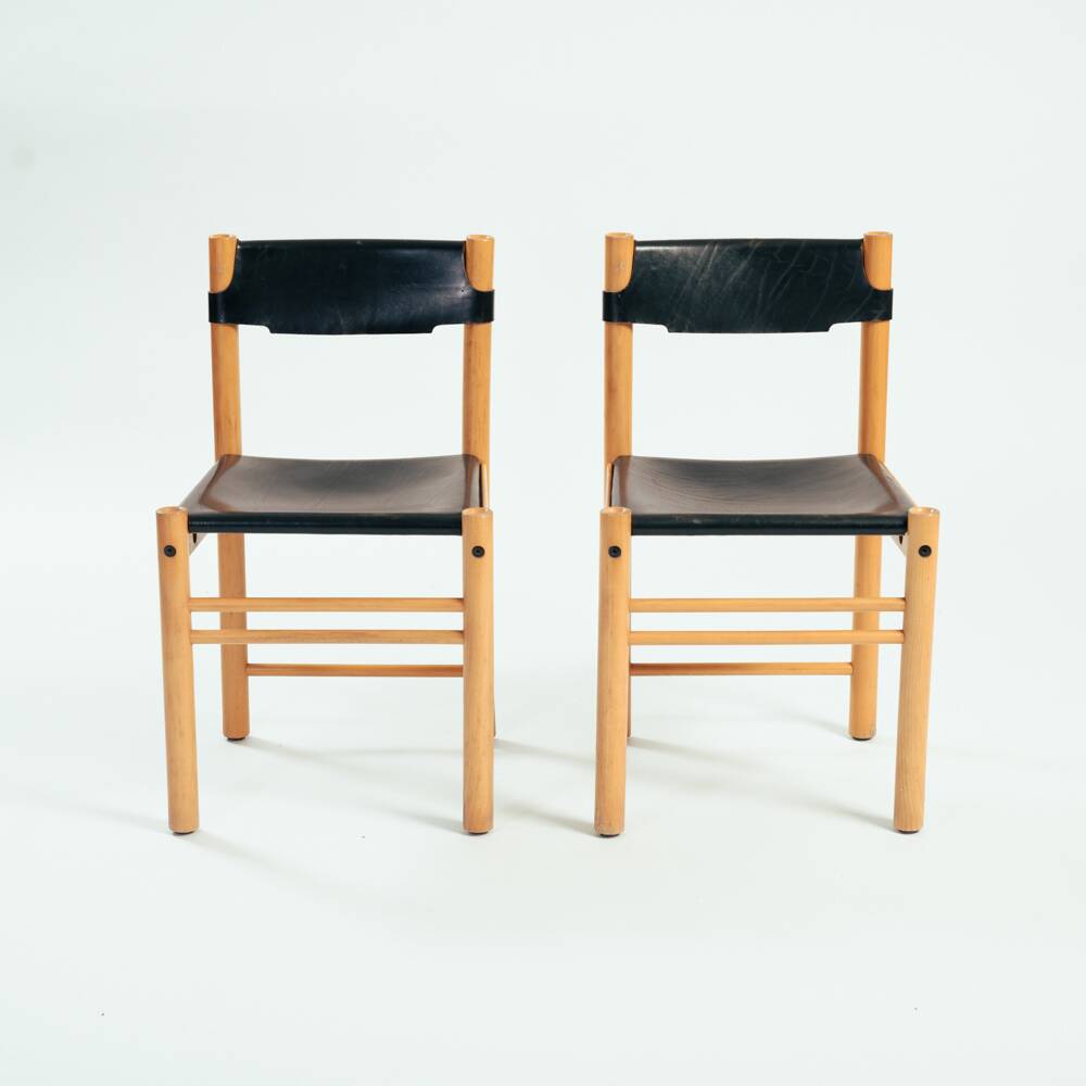Ibisco hideleather beech stick chairs, Italy 1970, set of 2