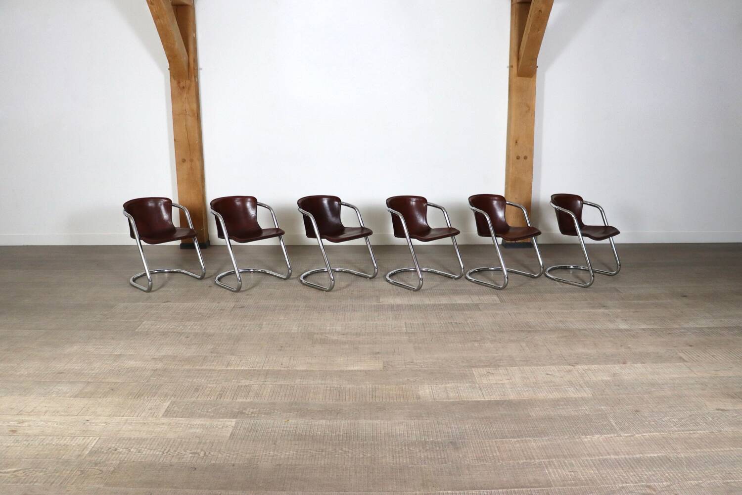 Ensemble de 6 chaises de salle à manger tubulaires en chrome et cuir de selle pour Metaform, années 1970