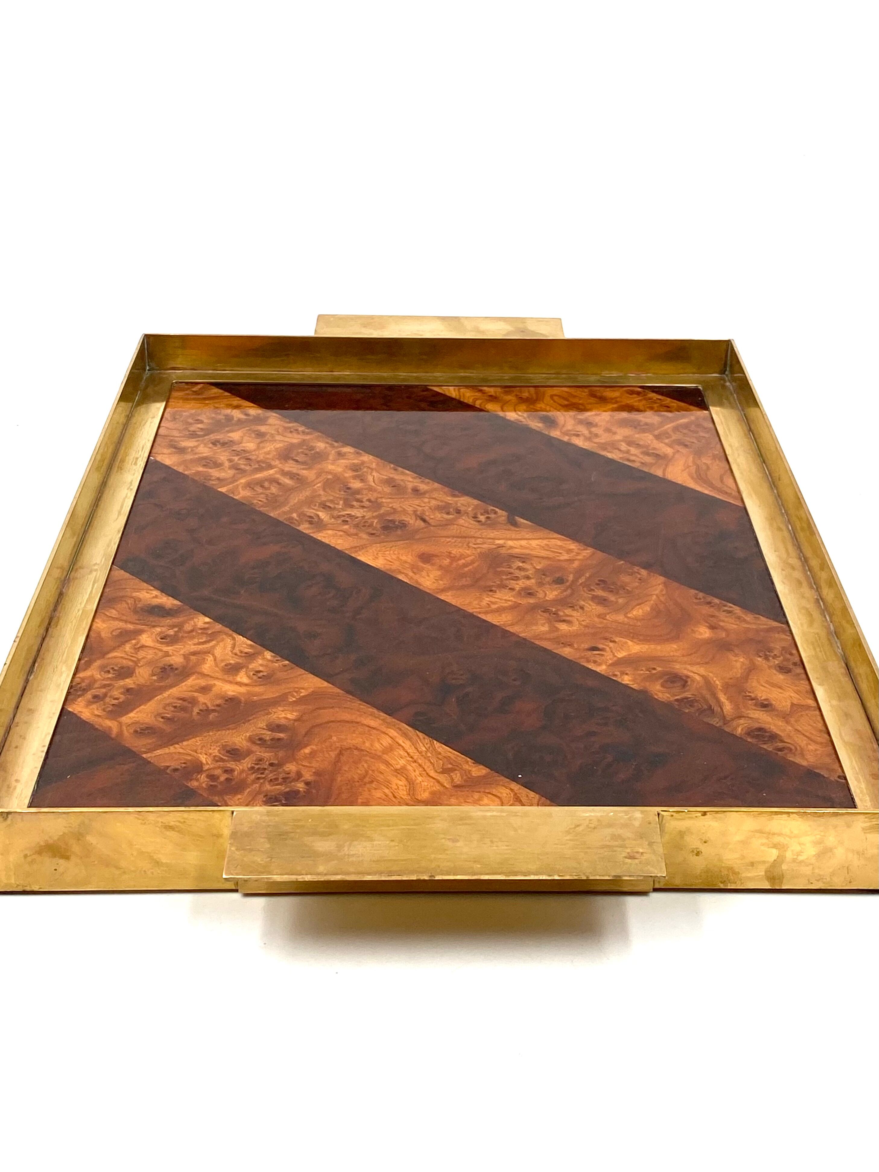 Brass and inlaid woods tray, italy 1970s
