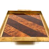 Brass and inlaid woods tray, italy 1970s