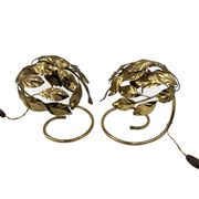 Hollywood regency set of 2 brass leaves table lamps, Bottega Gadda Italy, 1970s
